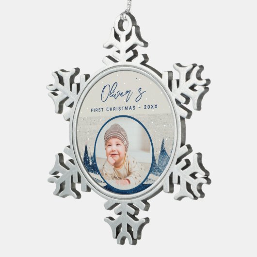 ベビーの初めてのクリスマス冬の森の写真 スノーフレークピューターオーナメント (右)