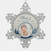 ベビーの初めてのクリスマス冬の森の写真 スノーフレークピューターオーナメント (正面)