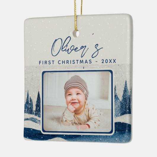 ベビーの初めてのクリスマス冬の森の写真 セラミックオーナメント (左)