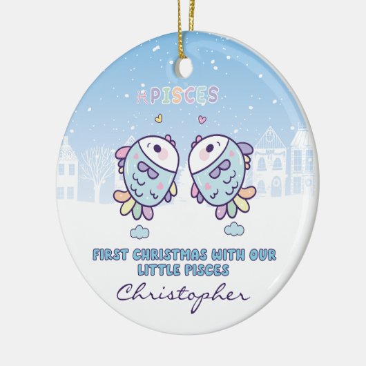 ベビーの初めてのクリスマス別〔占星術の〕十二宮図記号パーソナライズされた セラミックオーナメント (左)