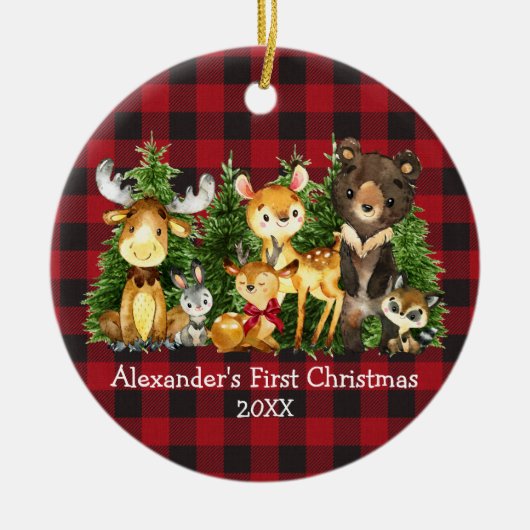 ベビーの初めてのクリスマス動物の鹿PHOTO Plaid セラミックオーナメント (正面)