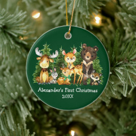 ベビーの初めてのクリスマス動物ディアグリーンボウ セラミックオーナメント