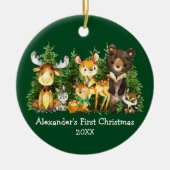 ベビーの初めてのクリスマス動物ディアグリーンボウ セラミックオーナメント (正面)