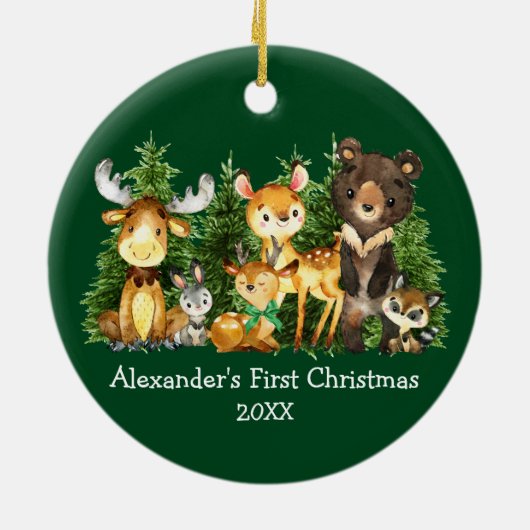 ベビーの初めてのクリスマス動物ディアグリーンボウ セラミックオーナメント (裏面)