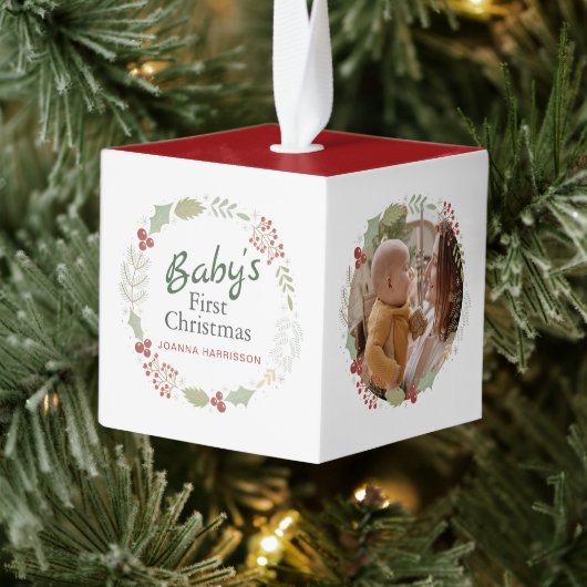 ベビーの初めてのクリスマス名前をカスタムする写真 キューブオーナメント (ツリー)