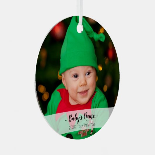 ベビーの初めてのクリスマス年フォトスクリプトテンプレート メタルオーナメント (正面右)