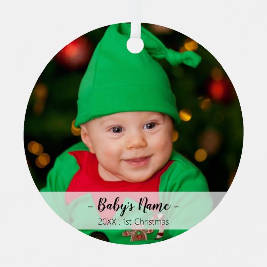 ベビーの初めてのクリスマス年フォトスクリプトテンプレート メタルオーナメント (正面)