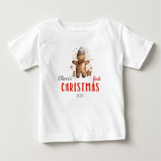 ベビーの初めてのクリスマス水彩ジンジャーマン名 ベビーTシャツ (正面)