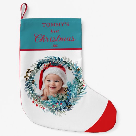ベビーの初めてのクリスマス水彩リース スモールクリスマスストッキング (正面)