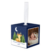 ベビーの初めてのクリスマス水彩鹿の写真 キューブオーナメント (正面アングル)