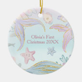 ベビーの初めてのクリスマス海の下の人魚の写真 セラミックオーナメント (正面)