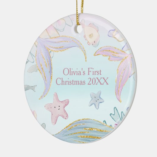 ベビーの初めてのクリスマス海の下の人魚の写真 セラミックオーナメント (左)