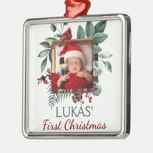 ベビーの初めてのクリスマス素朴クリスマスリース写真 メタルオーナメント (左)