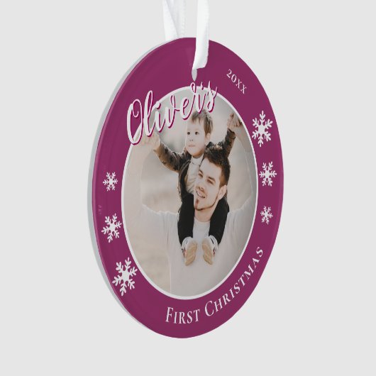 ベビーの初めてのクリスマス紫色の名前の写真 オーナメント (正面)