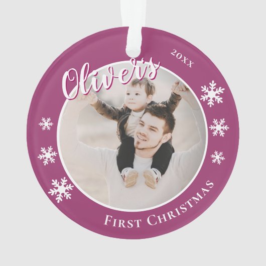 ベビーの初めてのクリスマス紫色の名前の写真 オーナメント (裏面)