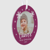 ベビーの初めてのクリスマス紫色の雪片の写真 オーナメント (正面)