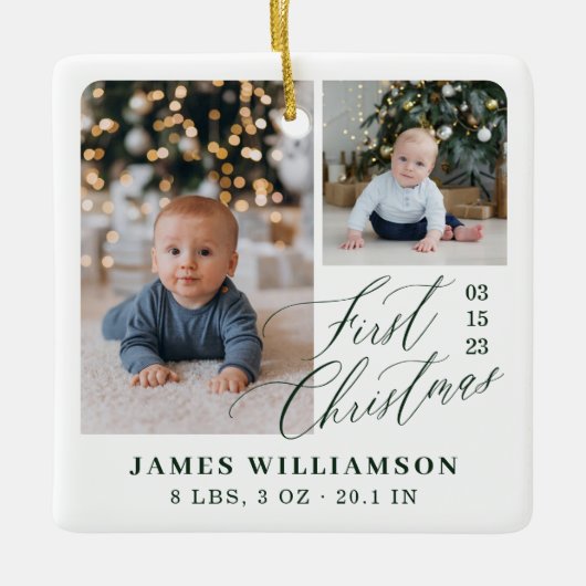 ベビーの初めてのクリスマス誕生統計フォトギャラリー セラミックオーナメント (正面)