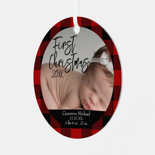 ベビーの初めてのクリスマス誕生統計Red Plaid メタルオーナメント (正面左)