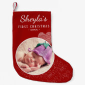 ベビーの初めてのクリスマス赤いハート写真 スモールクリスマスストッキング (正面)