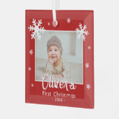 ベビーの初めてのクリスマス赤い雪片の写真 ガラスオーナメント (正面左)