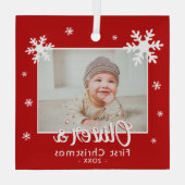 ベビーの初めてのクリスマス赤い雪片の写真 ガラスオーナメント (裏面)