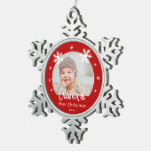 ベビーの初めてのクリスマス赤い雪片の写真 スノーフレークピューターオーナメント (右)