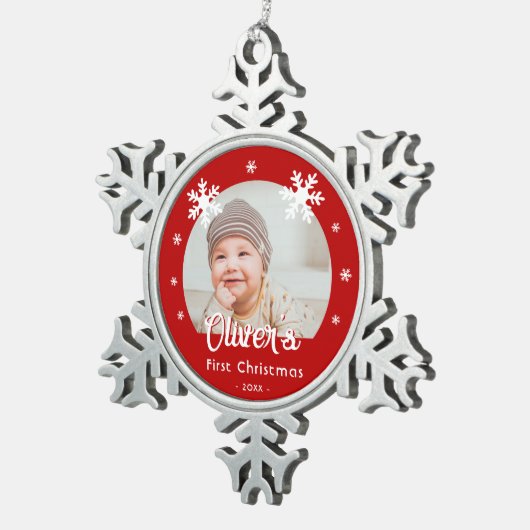 ベビーの初めてのクリスマス赤い雪片の写真 スノーフレークピューターオーナメント (右)