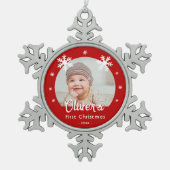 ベビーの初めてのクリスマス赤い雪片の写真 スノーフレークピューターオーナメント (正面)