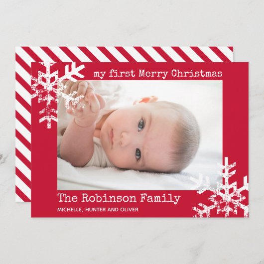 ベビーの初めてのクリスマス赤写真（雪片つき） シーズンカード (正面/裏面)