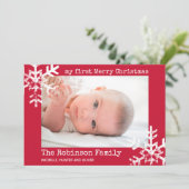 ベビーの初めてのクリスマス赤写真(雪片つき) シーズンカード (スタンド正面)