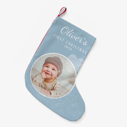 ベビーの初めてのクリスマス青ハート写真 スモールクリスマスストッキング (正面 (吊り時))