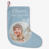 ベビーの初めてのクリスマス青ハート写真 スモールクリスマスストッキング (正面)
