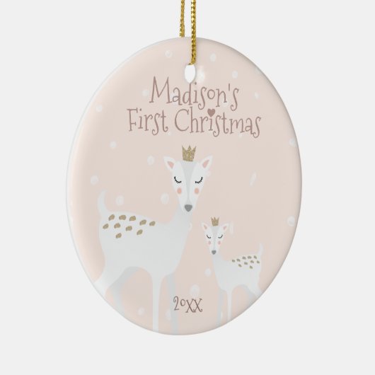 ベビーの初めてのクリスマス – かわいい鹿 – ピンク セラミックオーナメント (右)