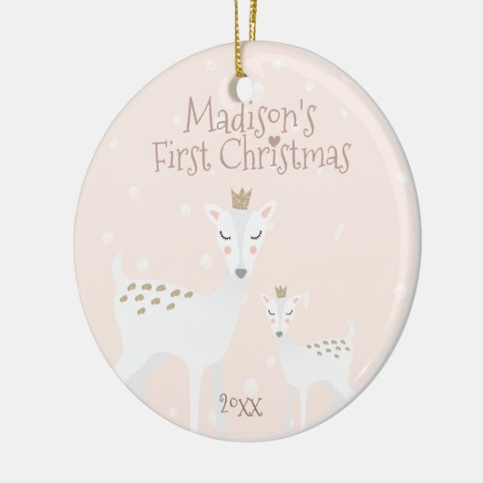 ベビーの初めてのクリスマス – かわいい鹿 – ピンク セラミックオーナメント (左)