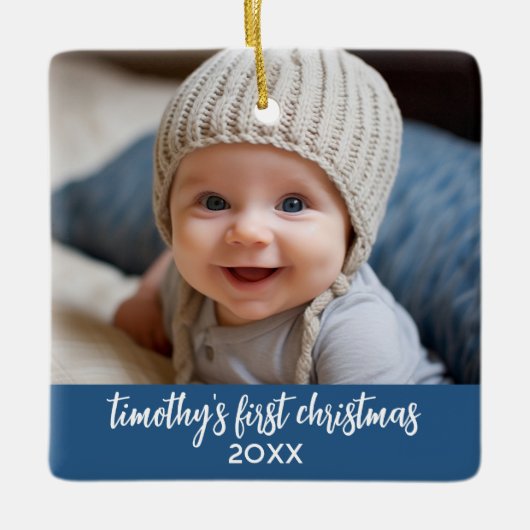ベビーの初めてのクリスマス-シンプルベビーブルーボーイ セラミックオーナメント (正面)