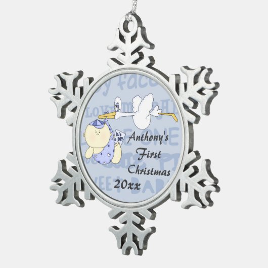 ベビーの初めてのクリスマス/ストークカスタマイズ名/年 スノーフレークピューターオーナメント (右)