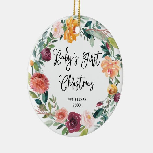 ベビーの初めてのクリスマス|バーガンディのリースおよび写真 セラミックオーナメント (右)