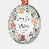 ベビーの初めてのクリスマス|バーガンディの花のリース メタルオーナメント (左)