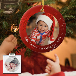 ベビーの初めてのクリスマス、レッドスノーフレーク、両面 セラミックオーナメント