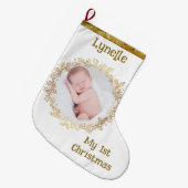 ベビーの初めてのクリスマス，写真，名前，金ゴールド，白 ラージクリスマスストッキング (正面 (吊り時))