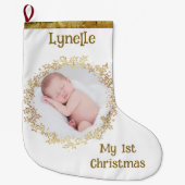 ベビーの初めてのクリスマス，写真，名前，金ゴールド，白 ラージクリスマスストッキング (正面)