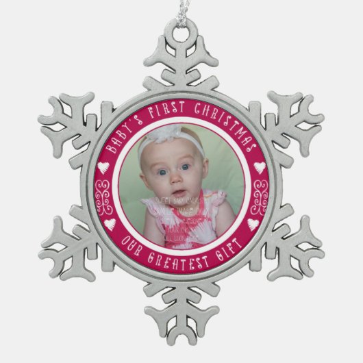 ベビーの初めてのクリスマス-素晴らしギフトRED スノーフレークピューターオーナメント (正面)