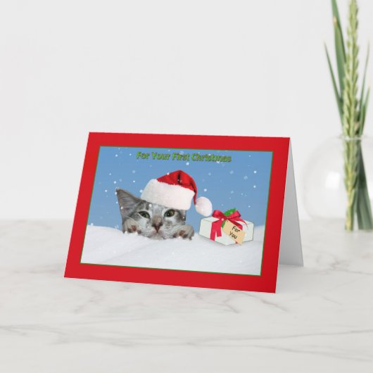 ベビーの初めてのクリスマス、雪の猫 シーズンカード (正面)