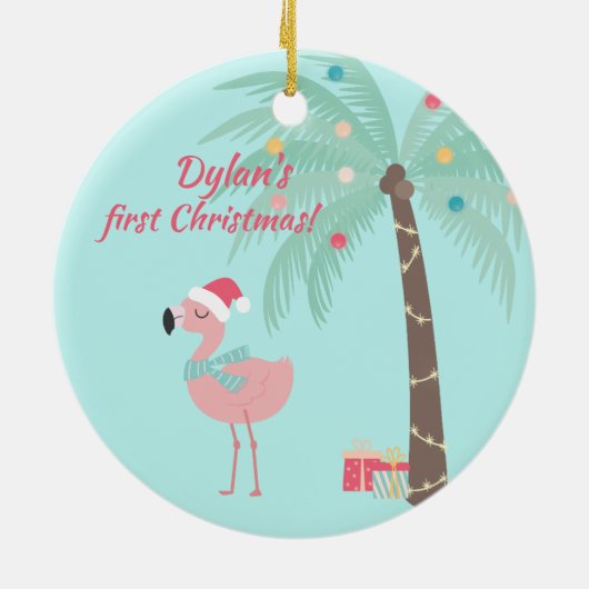 ベビーの初めてのクリスマス- Sweet Santa Flamingo セラミックオーナメント (裏面)