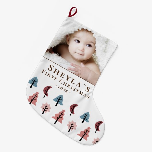 ベビーの初めてのクリスマスCookieツリー写真 ラージクリスマスストッキング (正面 (吊り時))