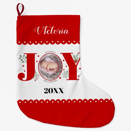 ベビーの初めてのクリスマスRed Joyと果実の写真 ラージクリスマスストッキング (正面)
