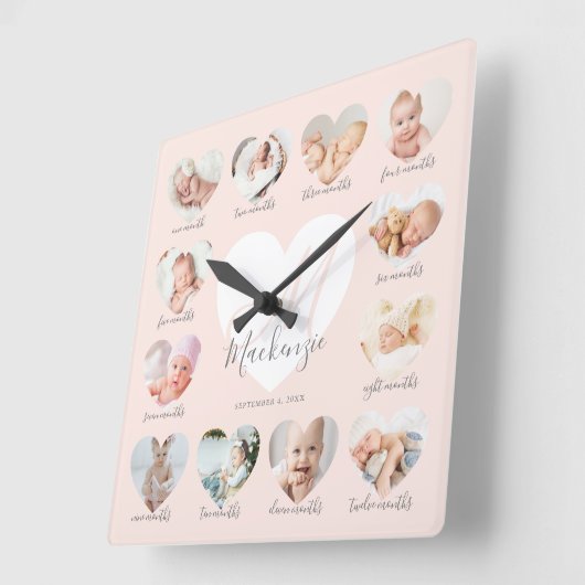 ベビーの初年度ハート写真Keepsake Collage スクエア壁時計 (傾斜)
