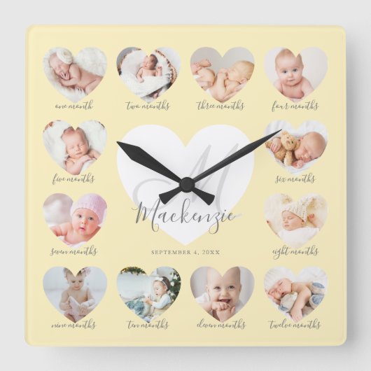 ベビーの初年度ハート写真Keepsake Collage スクエア壁時計 (正面)