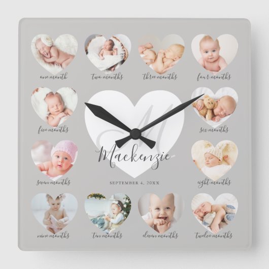 ベビーの初年度ハート写真Keepsake Collage スクエア壁時計 (正面)