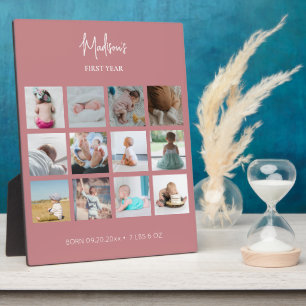 ベビーの初年度フォトコラージュ誕生統計ピンク フォトプラーク